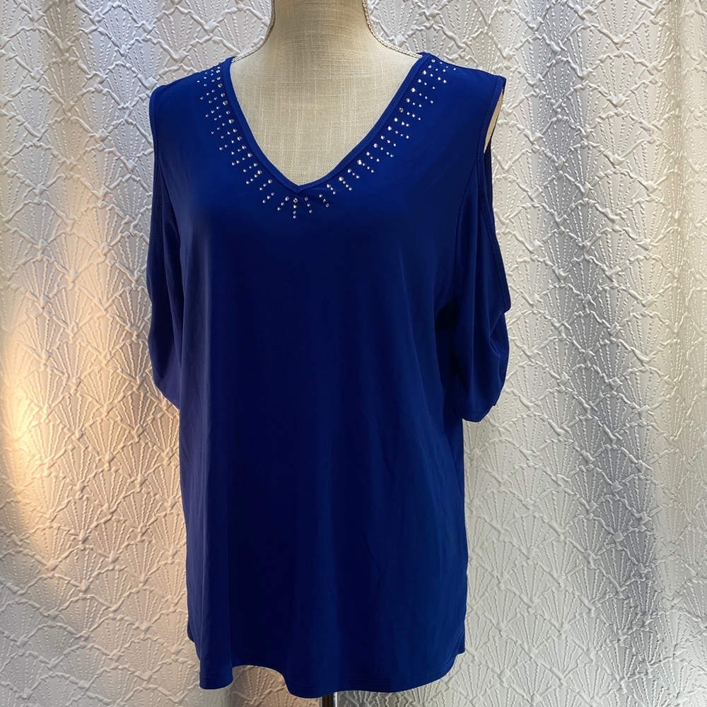 NY Collection size 2X Elegant Royal Blue Studded Cold Shoulder Blouse dressy